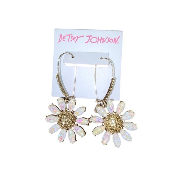 Betsy Johnson Pave Daisy Flower Long Drop Earrings NWT - Picture 1 of 2